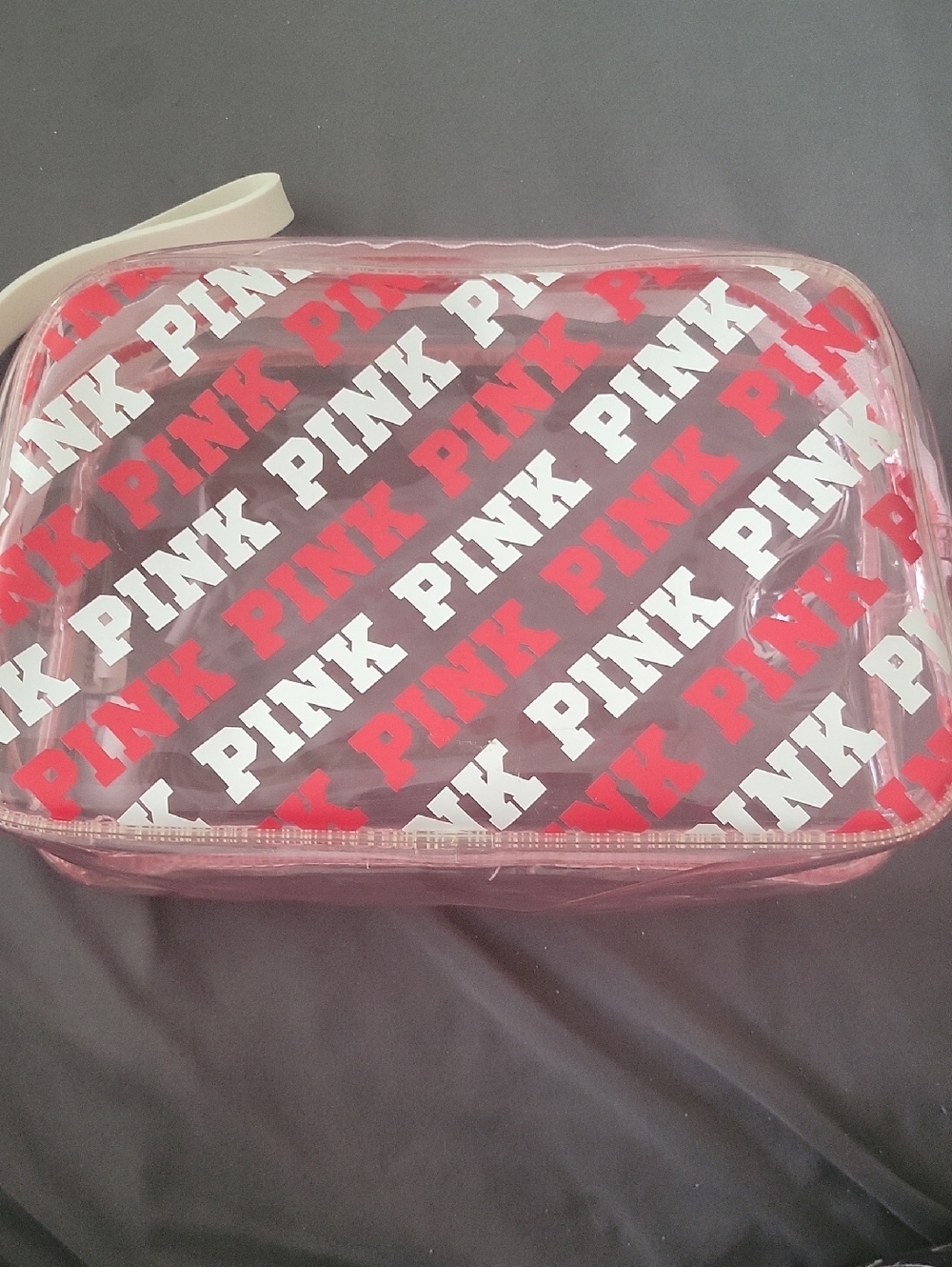 PINK Victoria's Secret Clear Cosmetic Bag with Red and White Logo Print